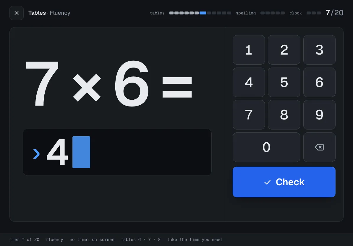 Fluency practice on PracticeTable. A large 7 times 6 equation, an answer prompt and a number pad, with no visible timer.