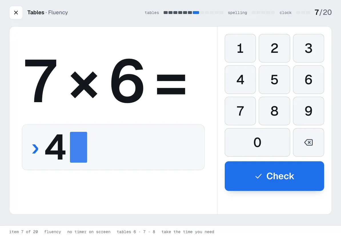 Fluency practice on PracticeTable. A large 7 times 6 equation, an answer prompt and a number pad, with no visible timer.